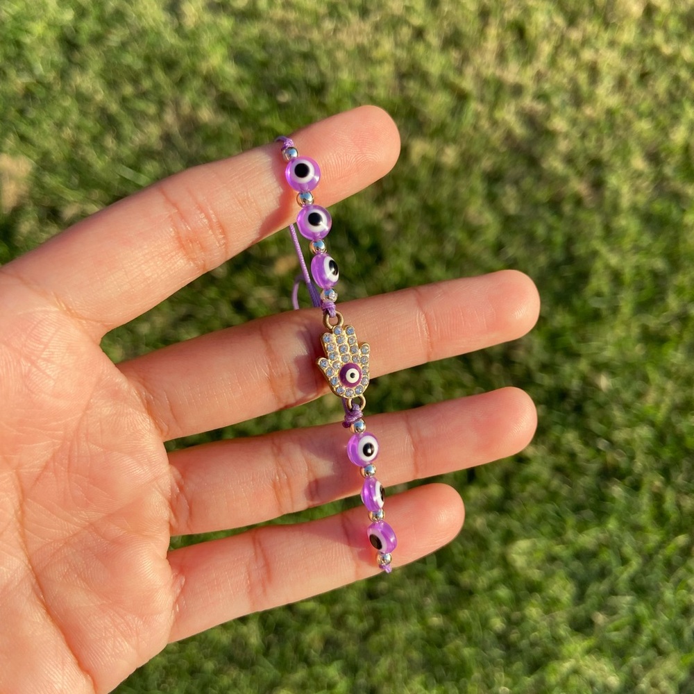 Purple Evil Eye Bracelet with Hamsa Charm